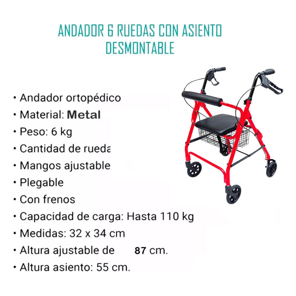 Andador Adulto Ortopédico Plegable C/ruedas Frenos Asiento - Rojo